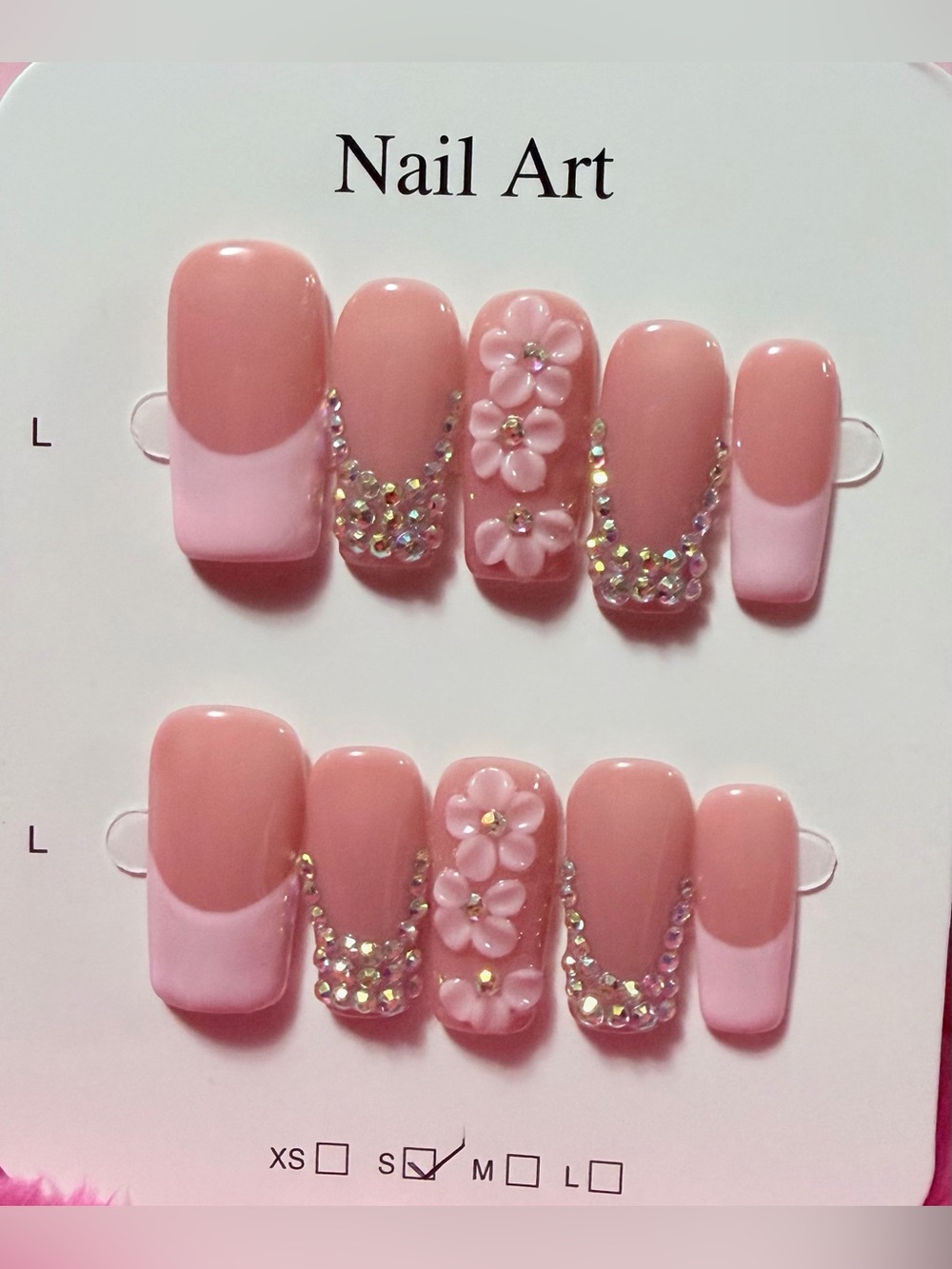 Pink Floral 3D Press-On Nail Set with Rhinestones